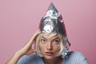 Young woman weraing a tin foil hat on pink studio background. KI generiert, generiert, AI generated