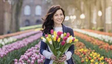 Cheerful woman holding a bunch of tulips in a sunny park, AI generated, AI generated