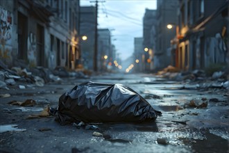 Plastic garbage bag abandoned of a desolate empty city street, AI generated