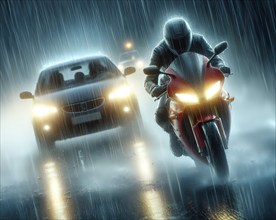 A motorcyclist rides in front of a car with headlights switched on in the rain in the dark,