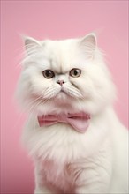 White persian cat with bow tie on pink background. KI generiert, generiert AI generated