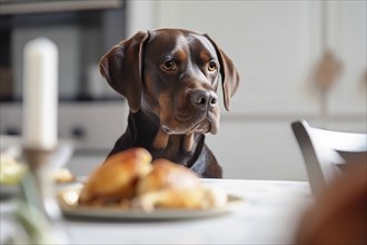 Dog sitting in kitchen with chicken or turkey on table. KI generiert, generiert AI generated