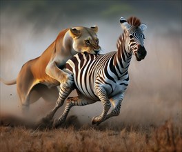 A lion, a lioness, chases a zebra, attacks it while jumping and bites into it, AI generated, AI