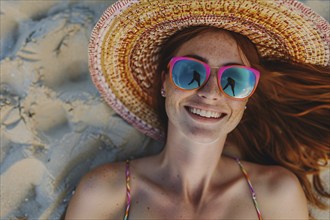 Oung happy woman with freckles, red hair and summer straw hat, sunglasses and swimwear lying in