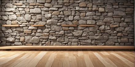 Three dimensional rendering of natural stone wall and wooden floor, AI generated