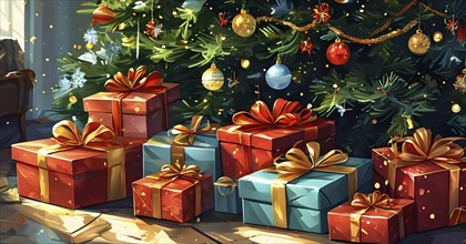 Abstract illustration of wrapped Christmas gifts, shiny ribbons and bows, stacked under a evergreen