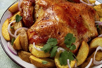 Fried, baked chicken, in the oven, with spices, and rustic potatoes, top view, homemade