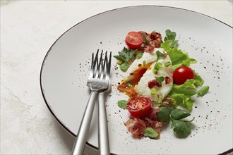 Poached egg, with bacon and vegetables, breakfast, homemade