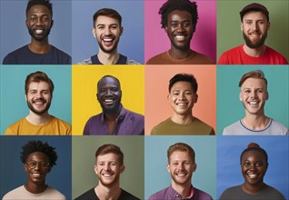 Diverse group of men posing for portraits. Multiple portraits with colored backgrounds, AI