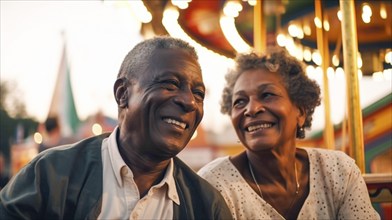 Happy senior african american couple enjoying an afternoon at the carnival, generatvie AI, AI