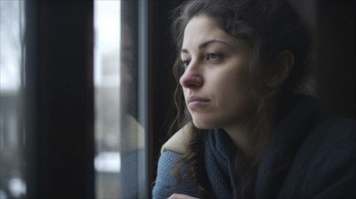 Contemplative young girl sitting next to the window as snow and rain falls outside, generatvie AI,