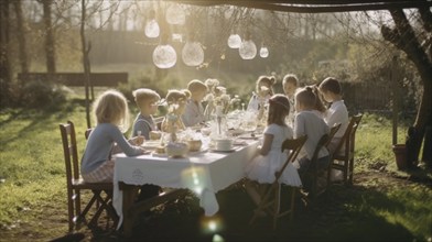 Children gather in the yard at the table for easter meal, generatvie AI, AI generated