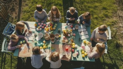 Several children decorating easter eggs at the table together, generative AI, AI generated