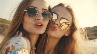 Two young girlfriends posing wearing sunglasses having fun on the beach, generatvie AI, AI