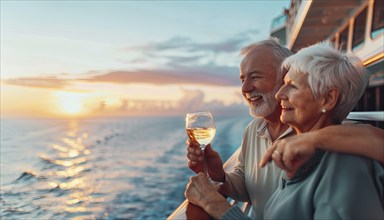 Happy senior romantic couple celebrate onboard of luxury cruise ship with glass of wine at sunset,