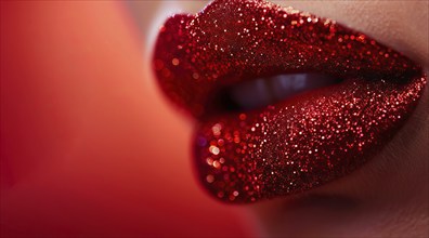 A woman's lips are covered in red glitter. Concept of glamour and sophistication, luscious lips, AI