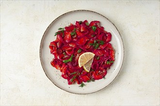 Salmon gravlax with beetroot, Scandinavian snack, beet gravlax, lightly salted fish, homemade, no