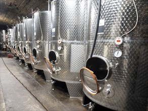 Stainless steel wine barrels in the wine cellar at the winery for fermenting Riesling wines,