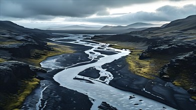 Aerial view of a meandering river winding through a nordic landscape, AI generated