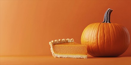 Banner with slice of pumpkin pie and large pumpkin on orange background with copy space. Generative