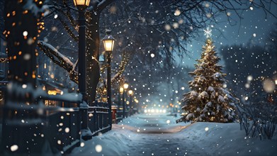 Christmas Eve with snowflakes fall under the light of a streetlamp with a decorated tree in the