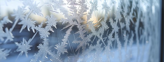 Detailed close-up of frost patterns on a glass window, AI generated