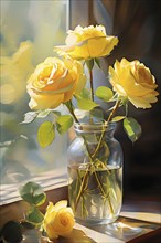 Transparent crystal glass vase with yellow blooming roses, AI generated