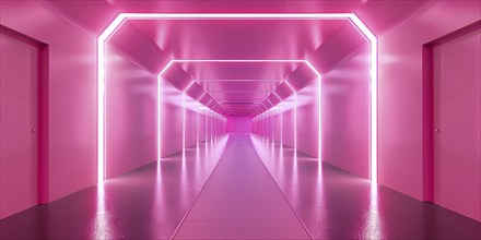 Futuristic long pink hallway with lights. Generative Ai, AI generated