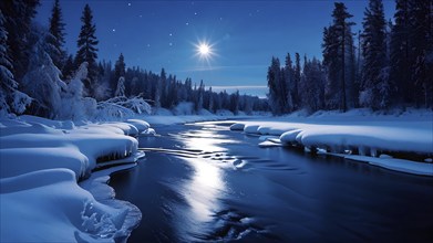 Serene winter night scene of a frozen river winding through a forest in moonlight, AI generated