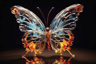 Stylized colored crystal butterfly on a dark background, AI generated