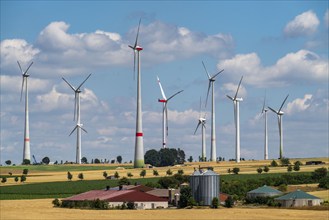 Wind farm north-west of Lichtenau, East Westphalia-Lippe, farm with biogas plant, North