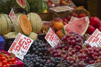 Range of different types of fruit, stand, Limone sul Garda, Lake Garda, Lombardy, Italy, Europe