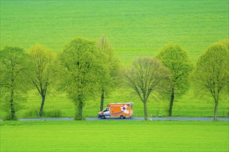 Ambulance on a country road, green fields, meadows, trees line the 2-lane road, spring, near