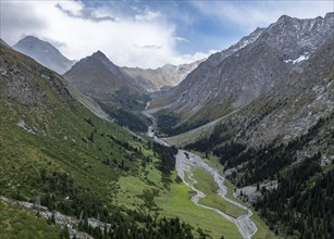 Aerial view, Green Mountain Valley, Chon Kyzyl Suu, Tien-Shan Mountains, Kyrgyzstan, Asia