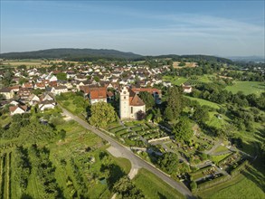 The church of St. Johann and Vitus in Horn on the Höri peninsula, aerial view, Gaienhofen, Lake