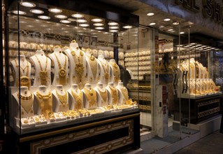 Gold in shop window, display, offer, wedding jewellery, gold souq, market, Deira, Dubai, United