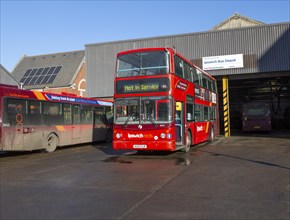 Double decker Ipswich Reds bus outside bus depot, First Eastern Counties, Ipswich, Suffolk,