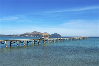 Bay of Alcudia, Platja de Muro, Muro beach, wooden walkway, Majorca, Balearic Islands, Spain,