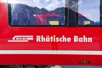 Rhaetian Railway logo on a Stadler Rail train in Filisur, Switzerland, Europe