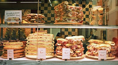 Bocadillos or Spanish breads for sale in shop windows, Castile and Leon, Spain, Europe