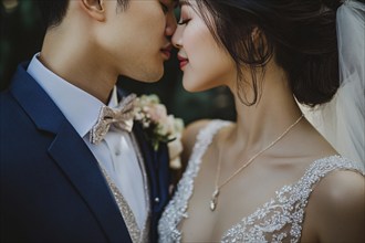 Young Asian wedding couple in love about to kiss. Generative Ai, AI generated