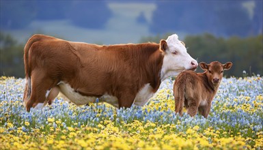 A brown cow and a calf, studio, AI generated