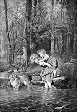 Girl carries little sister piggyback through a stream, Two children and a dog in a river in the