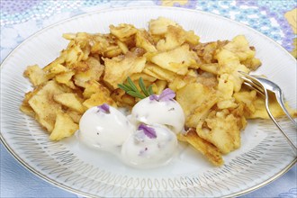 Swabian cuisine, apple crisp with lavender ice cream, served, pancake with apple, pancake,