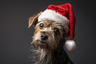 Cute dog with red santa hat in front of dark studio background. Generative Ai, AI generated