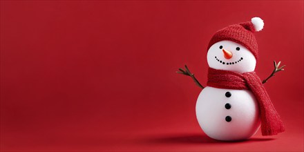 Cute snowman with knitted hat and scarf on red background with copy space. Generative AI, AI