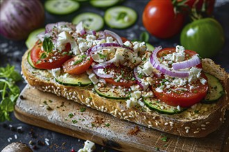 Bread bun with cucumber, red onions, tomatoes and feta cheese on wooden cutting board. Generative