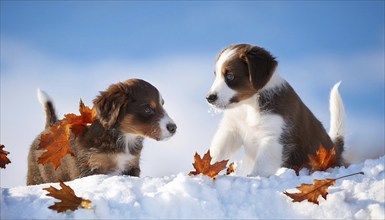 KI generated, dog, dogs, puppy, one, two, three, play, snow, winter, autumn leaves, blue sky,