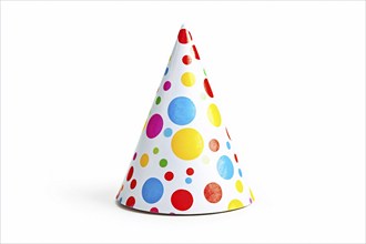 White paper party hat with colorful dots on transparent or white background. Generative AI, AI