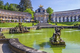 Upper Grotto with water features in front of the New Palace with Temple of the Sun in the Hermitage